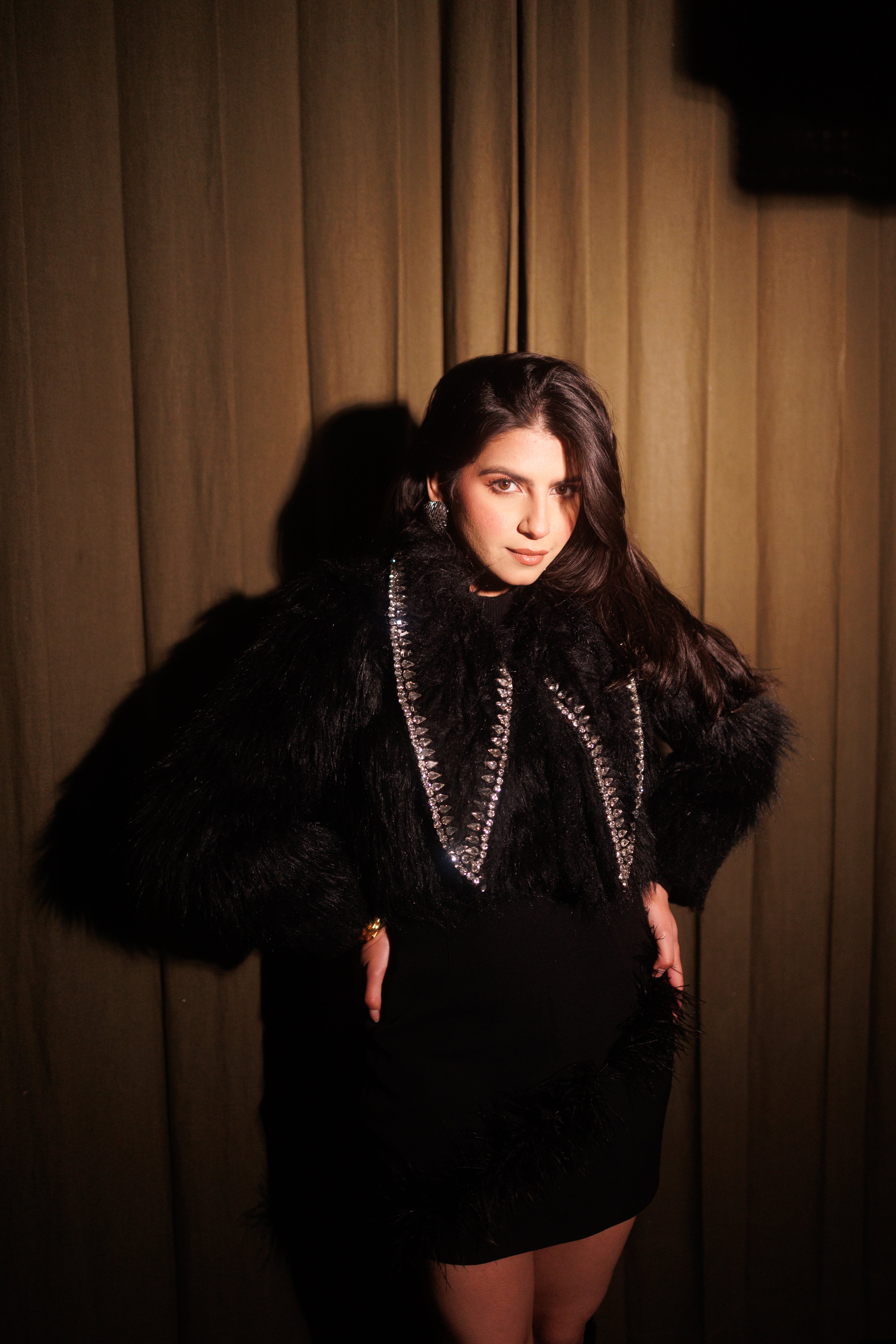 Black Faux Fur Swarovski Hand Embroidered Crop Jacket