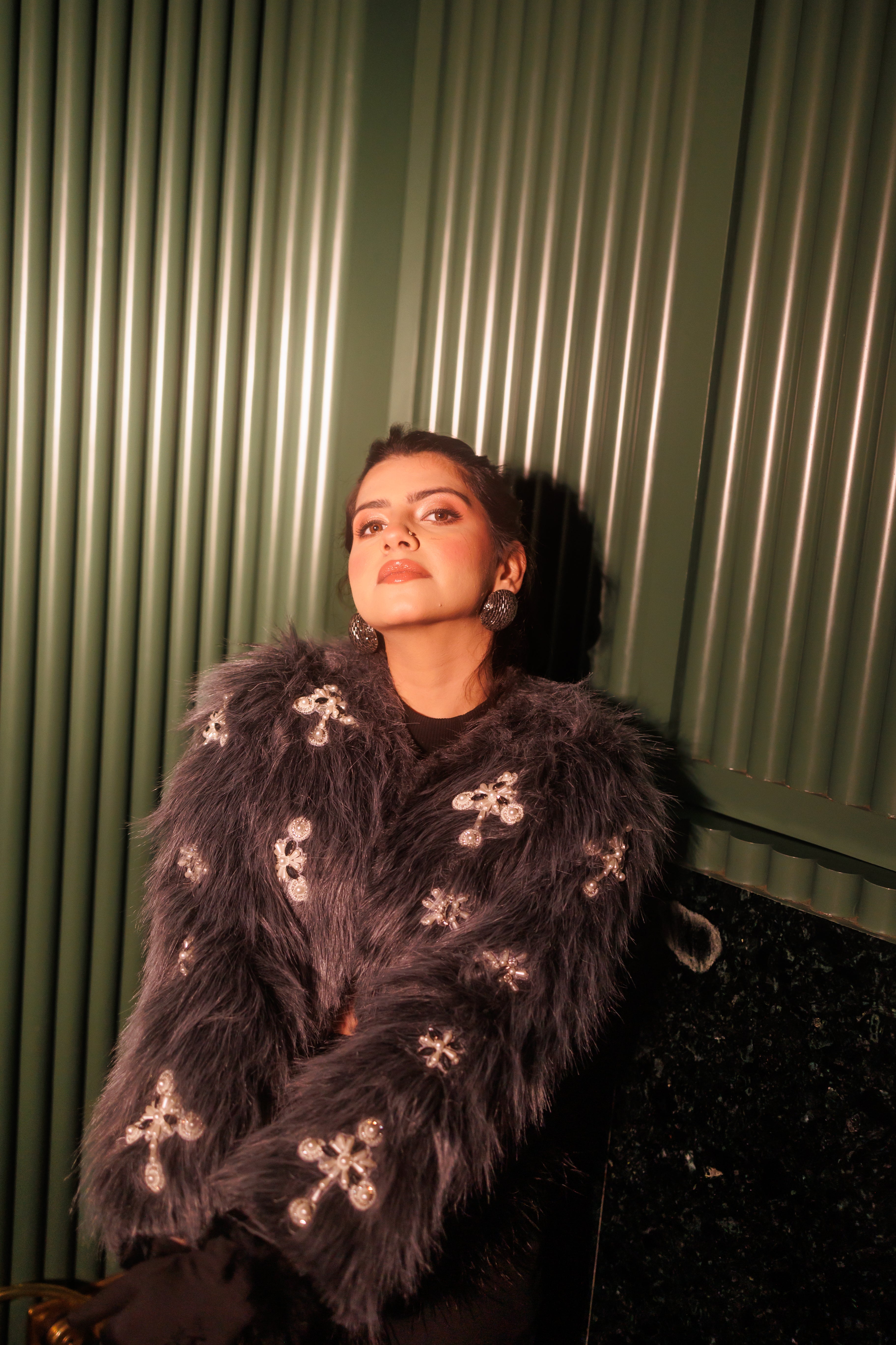 Grey Faux Fur Swarovski Hand Embroidered Crop Jacket