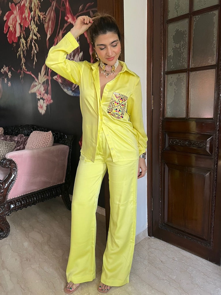 Khushnaz ashdin turner in our yellow coord set with hand embroidered pocket