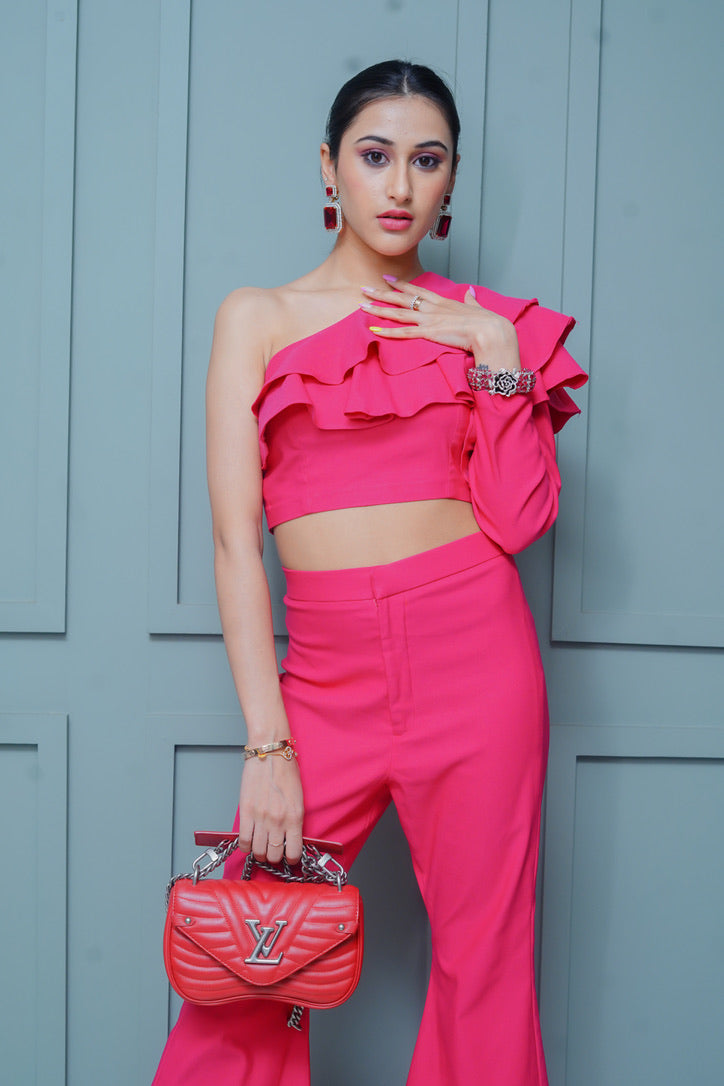 Pink off shoulder frill top set