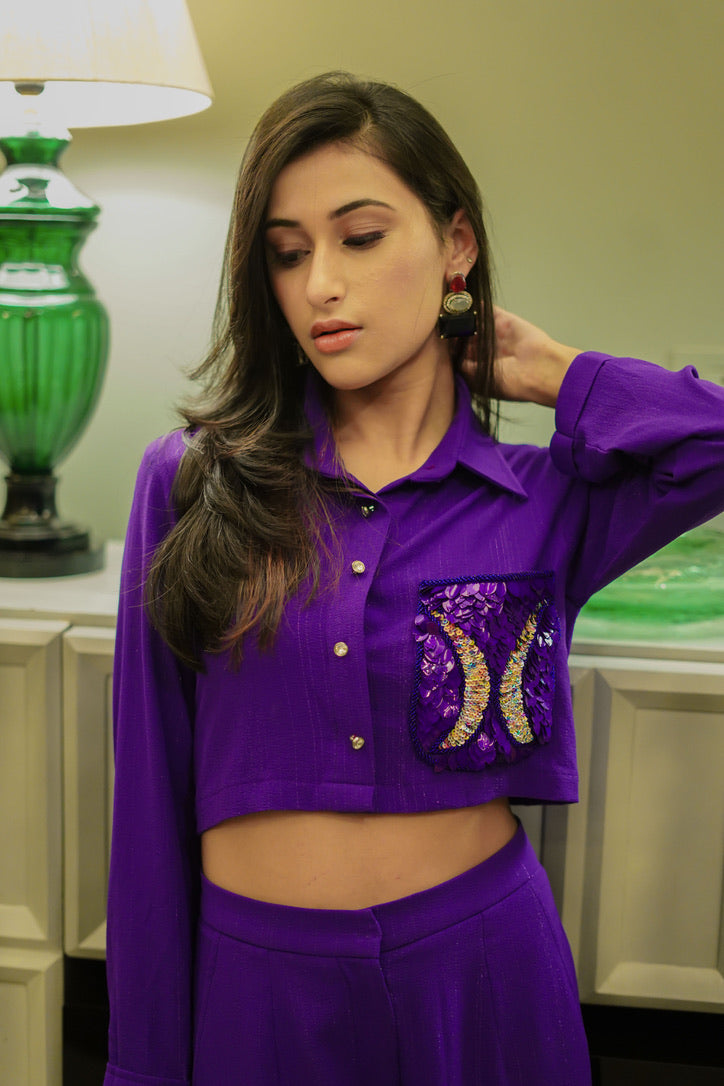 Purple crop shirt and trousers' set