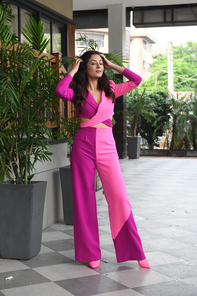 Sukhmani Sadani in our shaded pink crop jacket and bell bottom set