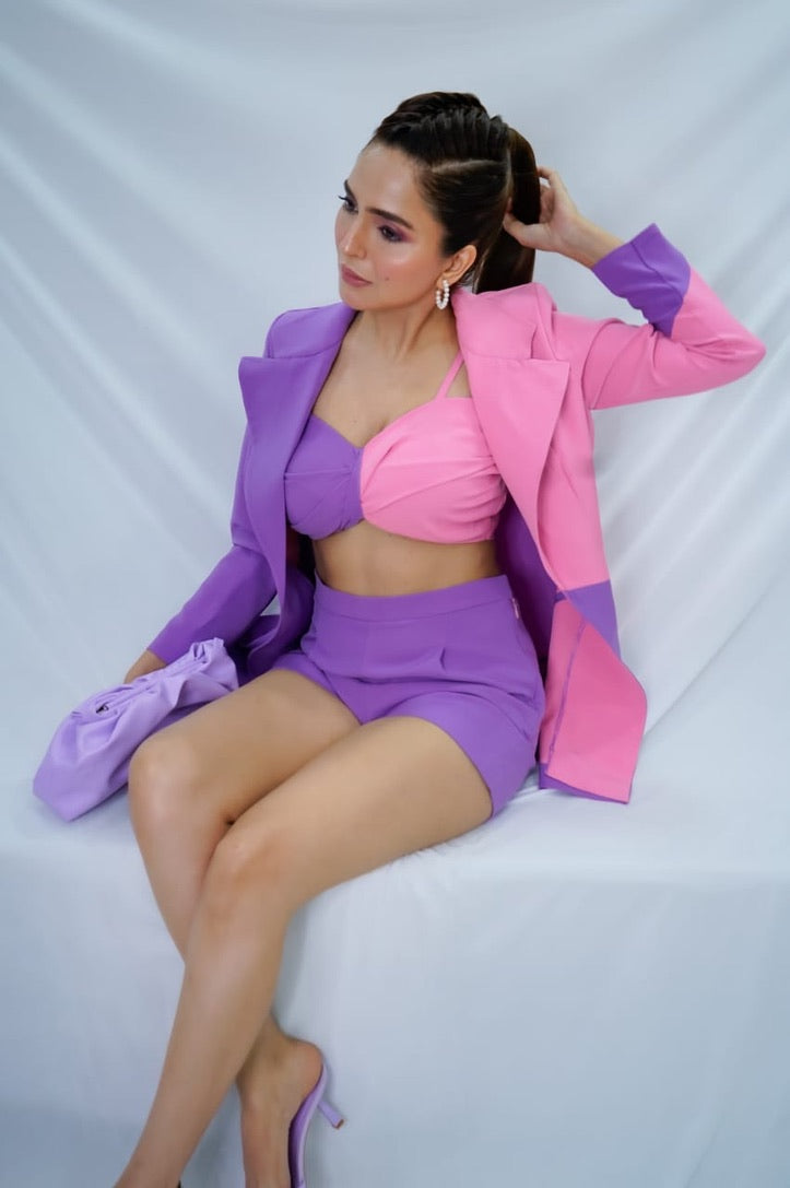 Sonam C Chabarra in our color block three piece blazer set