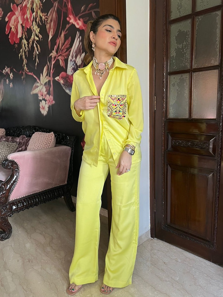 Khushnaz ashdin turner in our yellow coord set with hand embroidered pocket