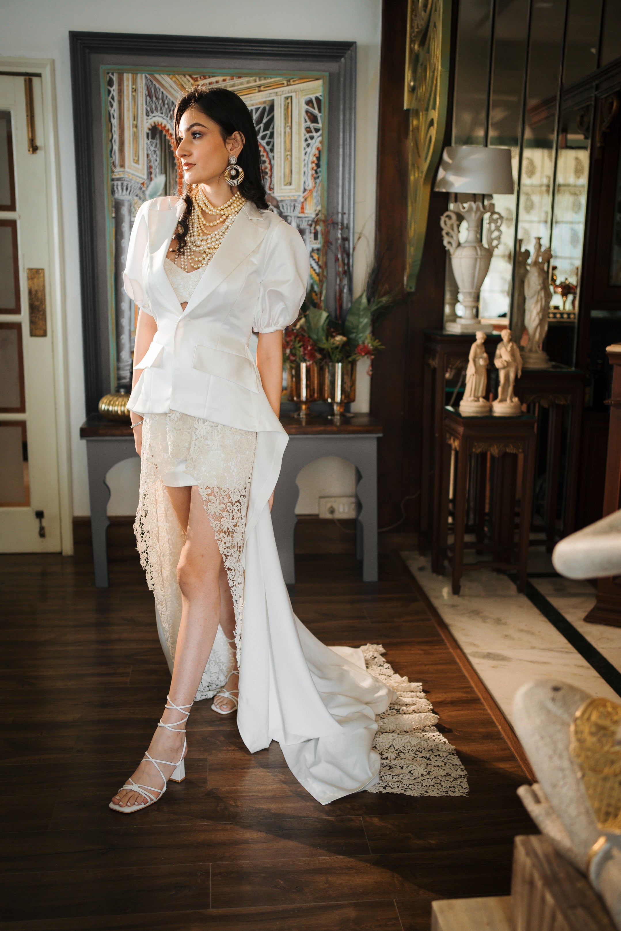 Ivory blazer set with lace trail