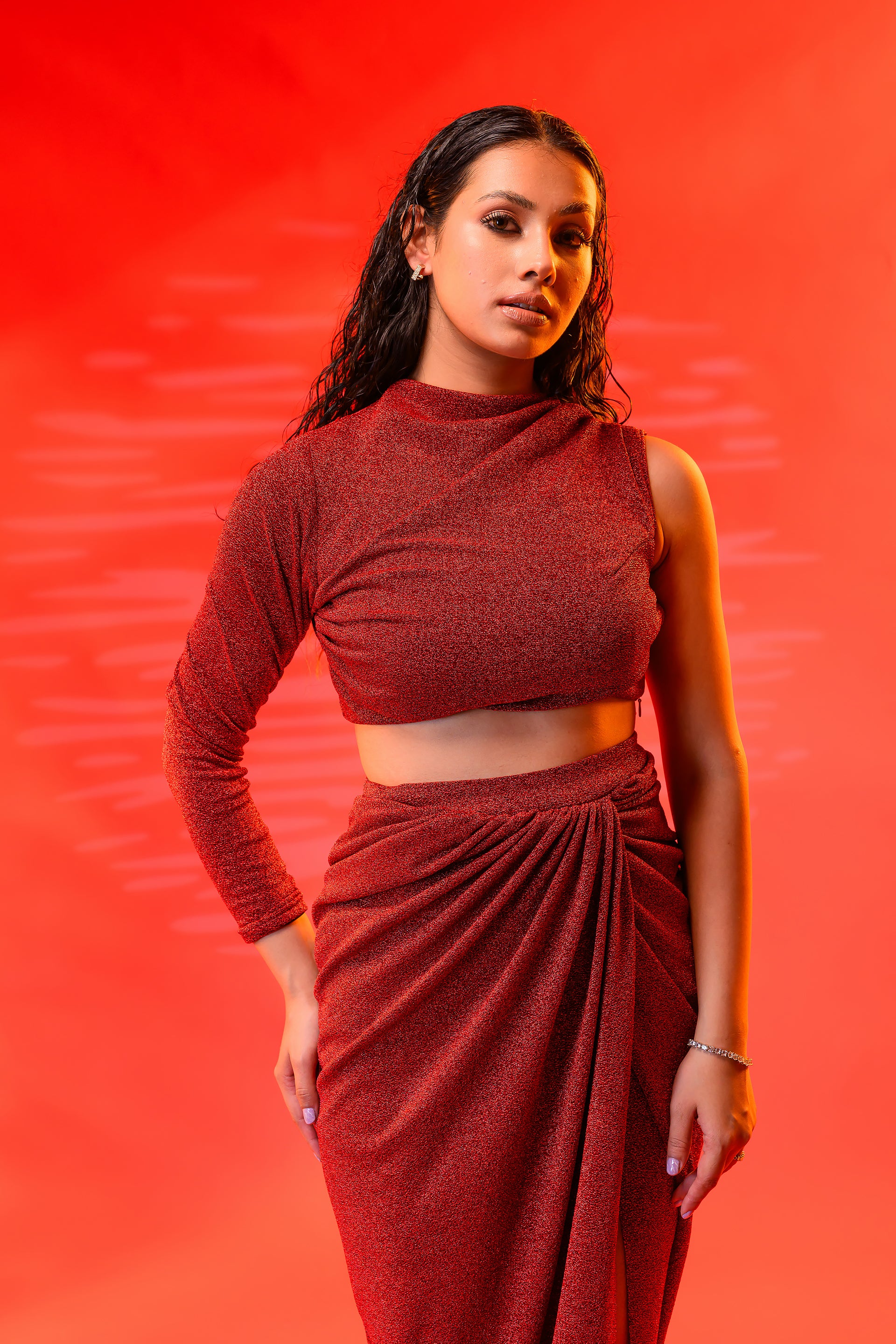 Maroon Draped Top & Skirt Set