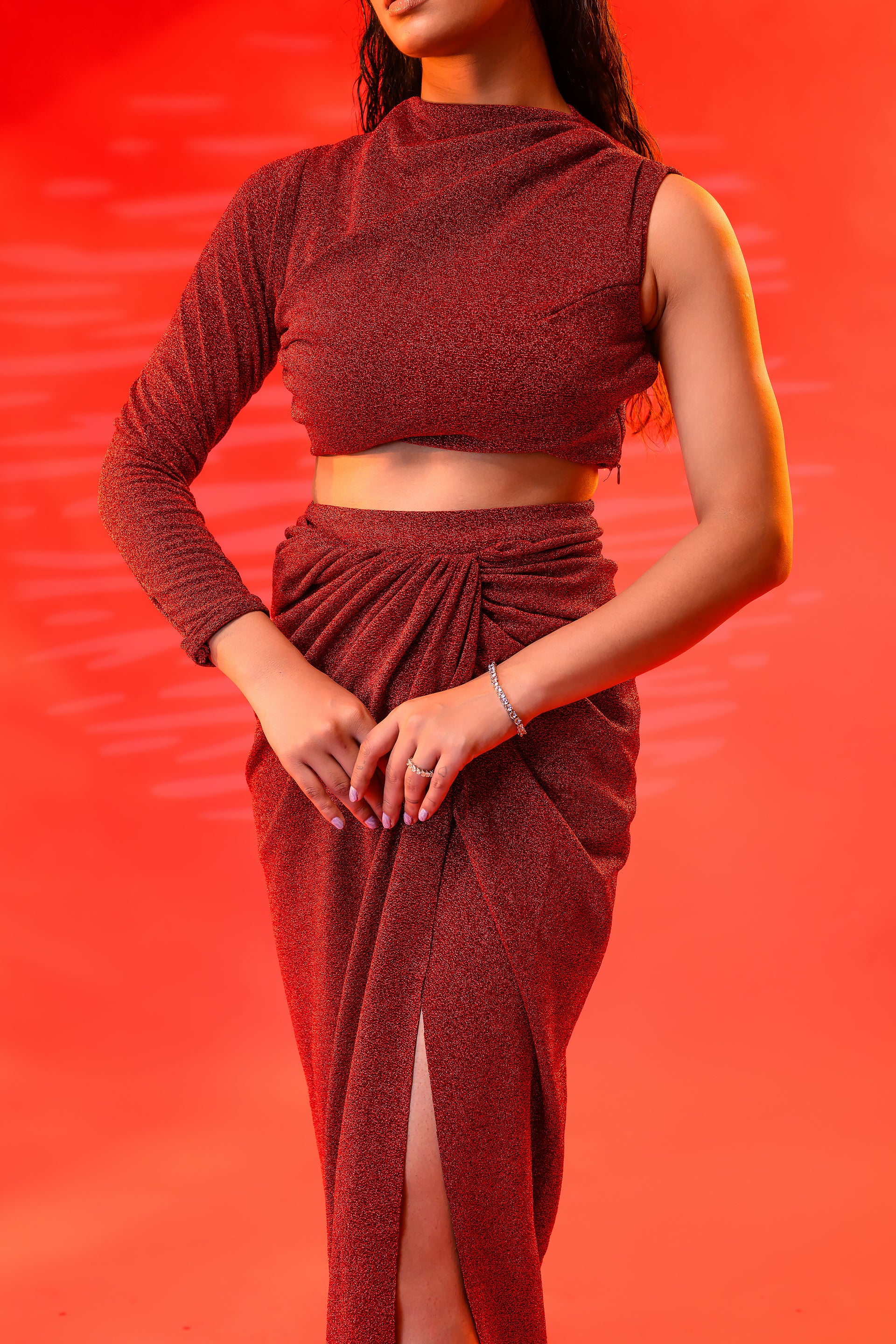 Maroon Draped Top & Skirt Set