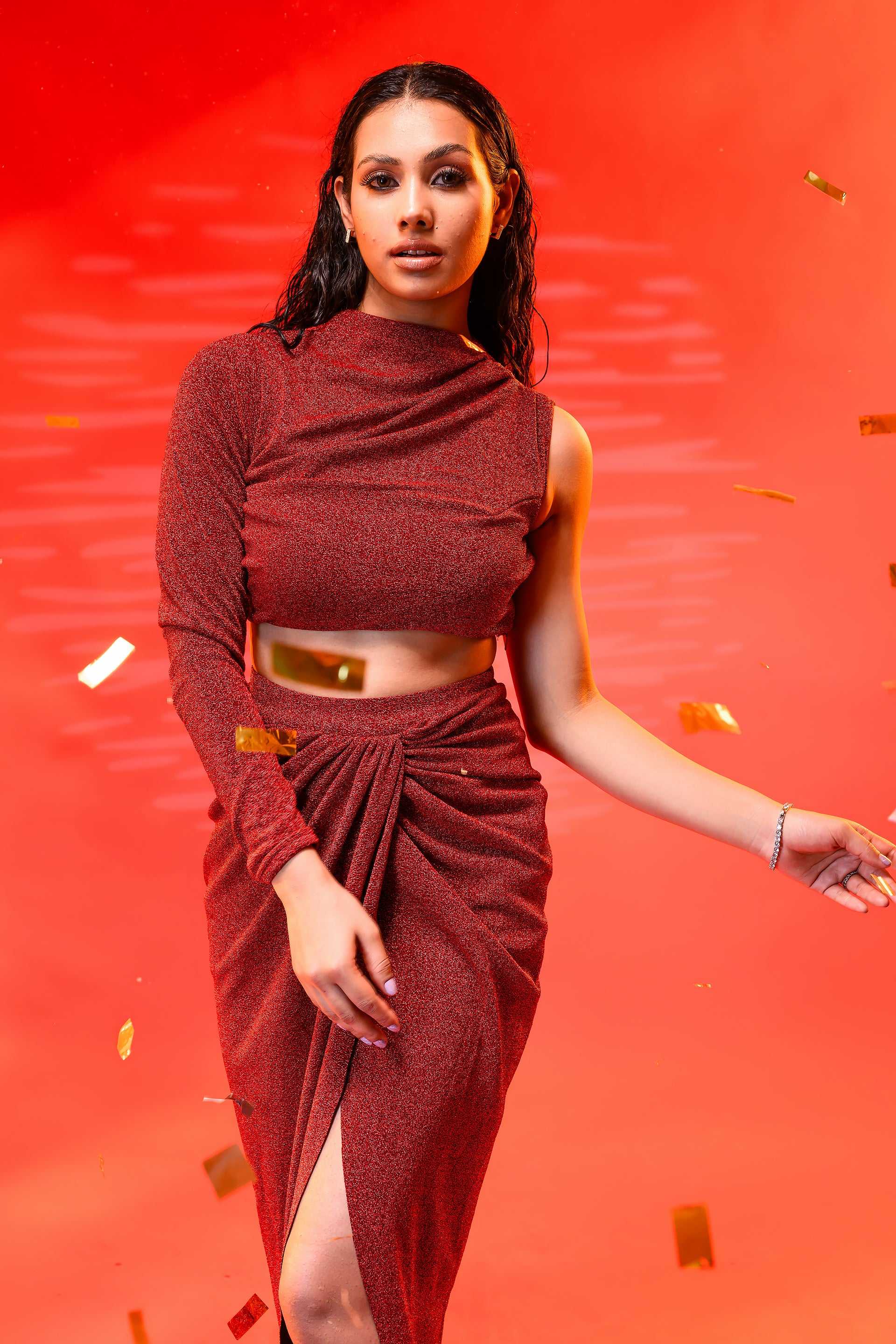 Maroon Draped Top & Skirt Set