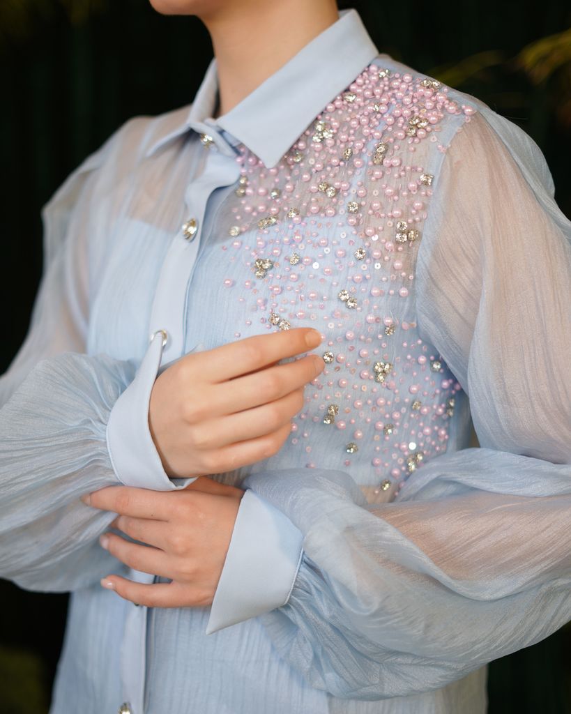 Powdered blue organza shirt with matching trousers