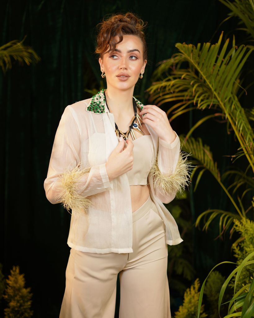 Beige ORGANZA shirt with matching trousers