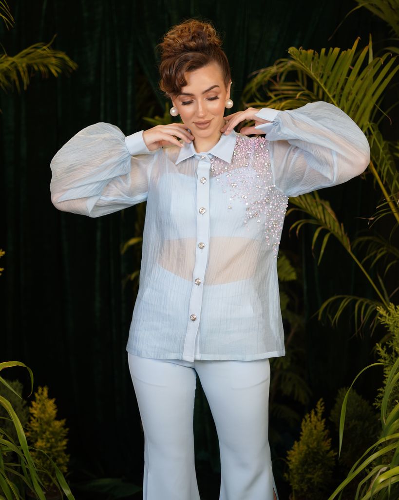 Powdered blue organza shirt with matching trousers