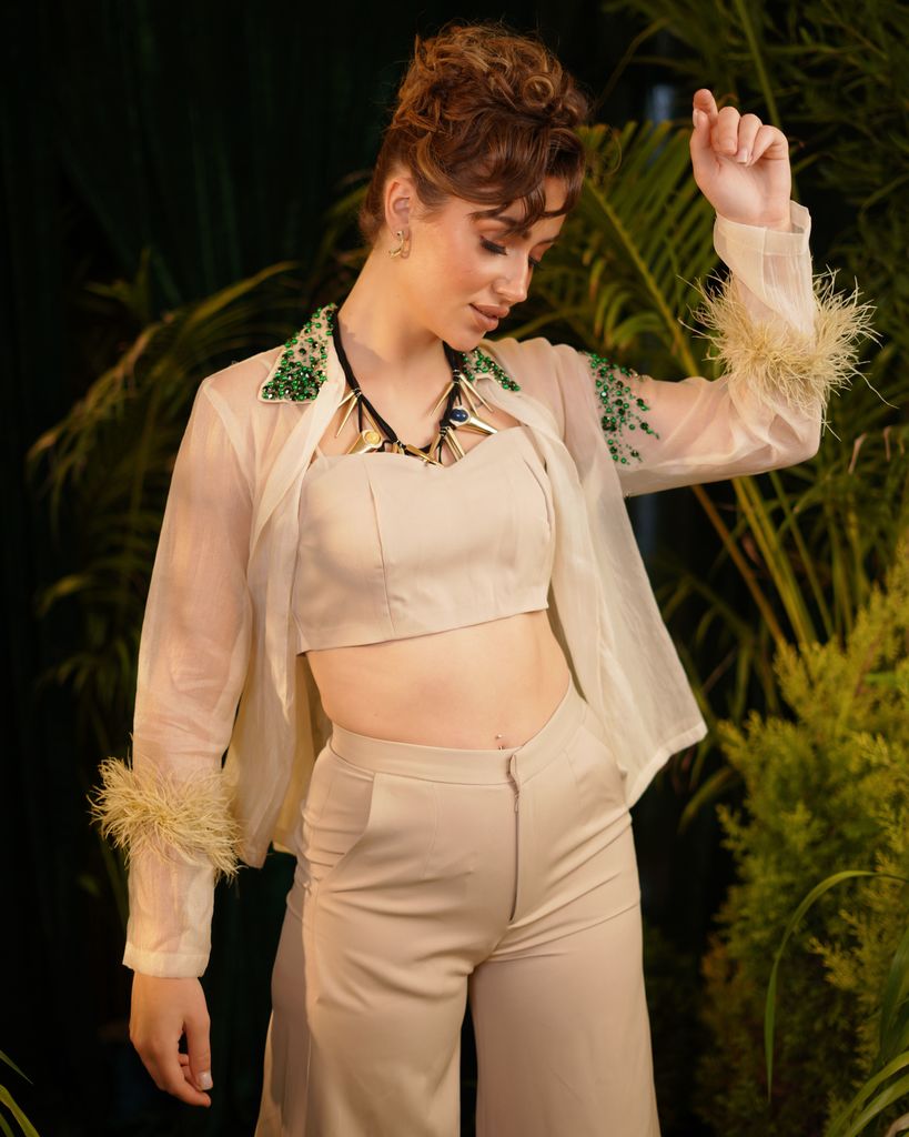 Beige ORGANZA shirt with matching trousers