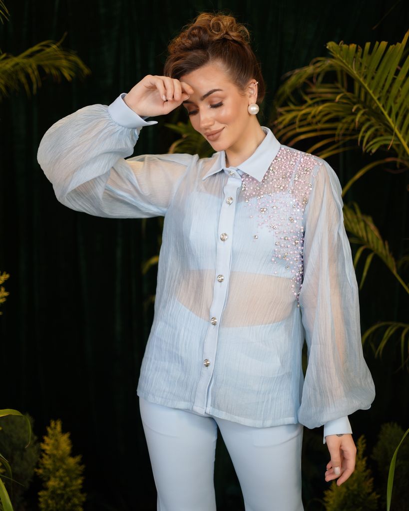 Powdered blue organza shirt with matching trousers