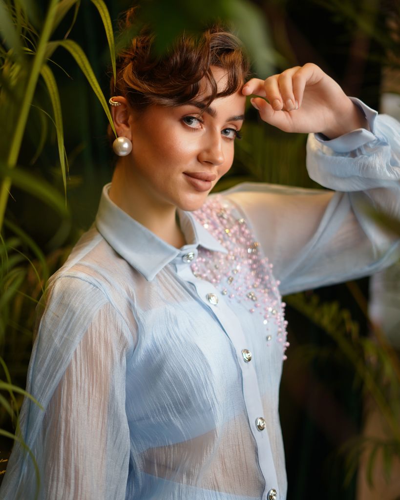 Powdered blue organza shirt with matching trousers